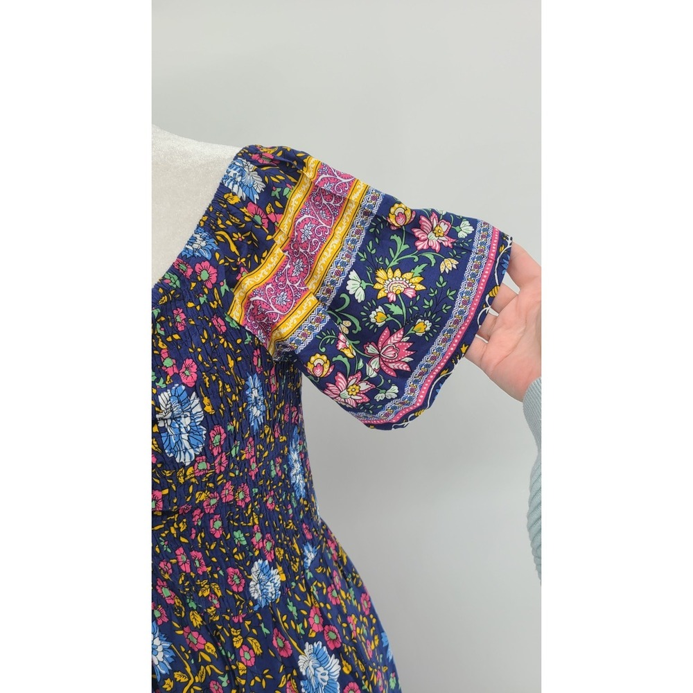 Babydoll Bohemian Western Maxi Dress M Floral Flounce Smocked Ruched Blue NWT - Picture 6 of 13